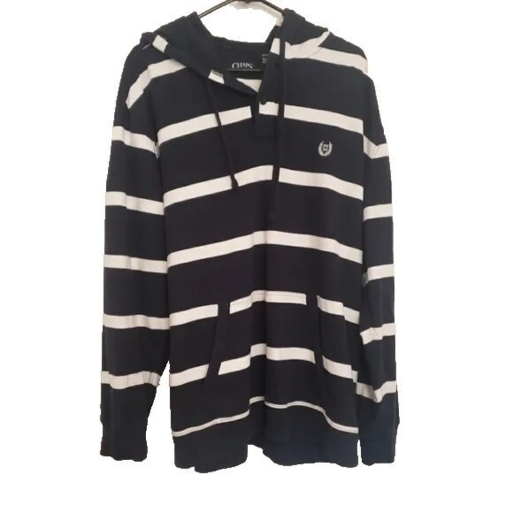 Chaps Mens XL Striped Hoodie Sweatshirt Pullover Fleece Kangaroo Pocket - Picture 2 of 6